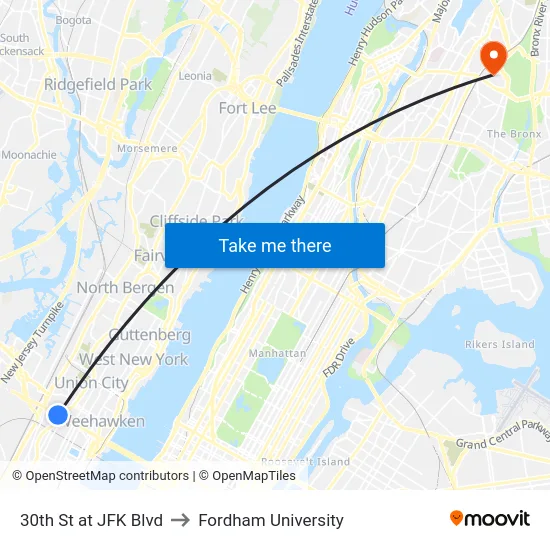 30th St at JFK Blvd to Fordham University map