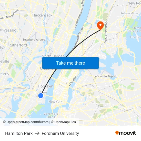 Hamilton Park to Fordham University map