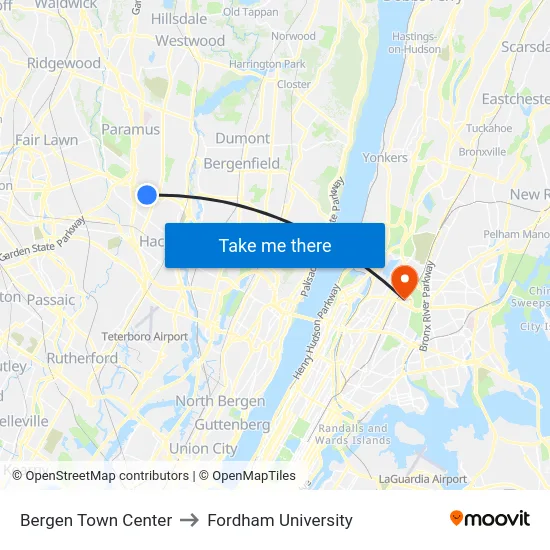 Bergen Town Center to Fordham University map