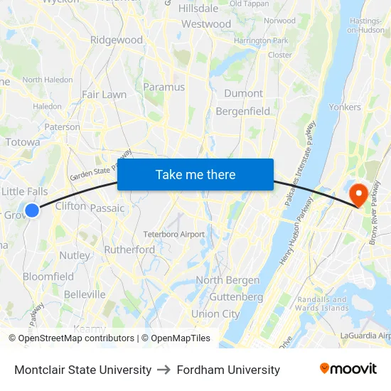 Montclair State University to Fordham University map
