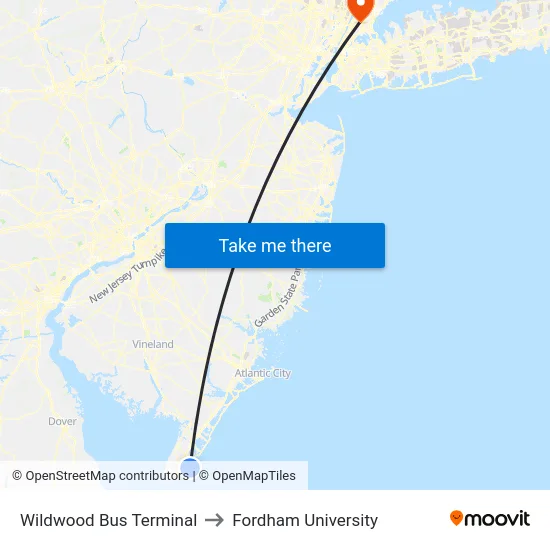 Wildwood Bus Terminal to Fordham University map