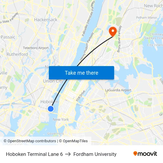 Hoboken Terminal Lane 6 to Fordham University map
