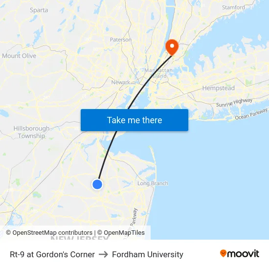 Rt-9 at Gordon's Corner to Fordham University map
