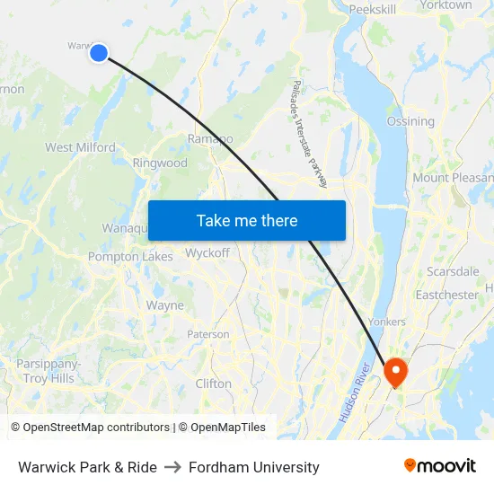 Warwick Park & Ride to Fordham University map