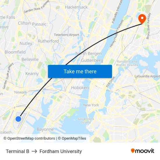 Terminal B to Fordham University map