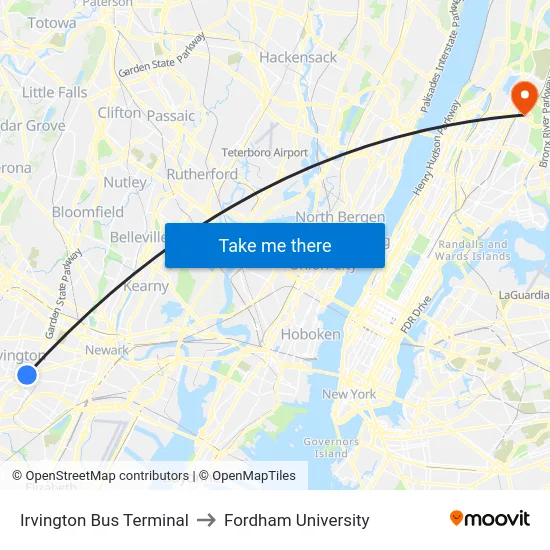 Irvington Bus Terminal to Fordham University map