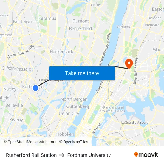 Rutherford Rail Station to Fordham University map