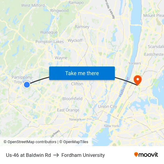 Us-46 at Baldwin Rd to Fordham University map