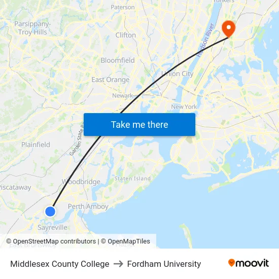 Middlesex County College to Fordham University map