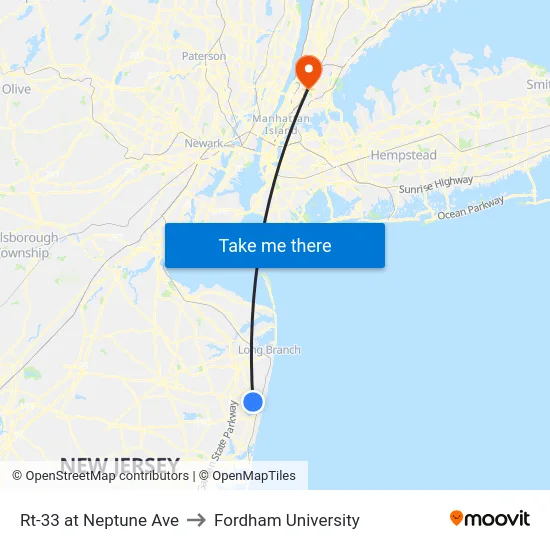 Rt-33 at Neptune Ave to Fordham University map