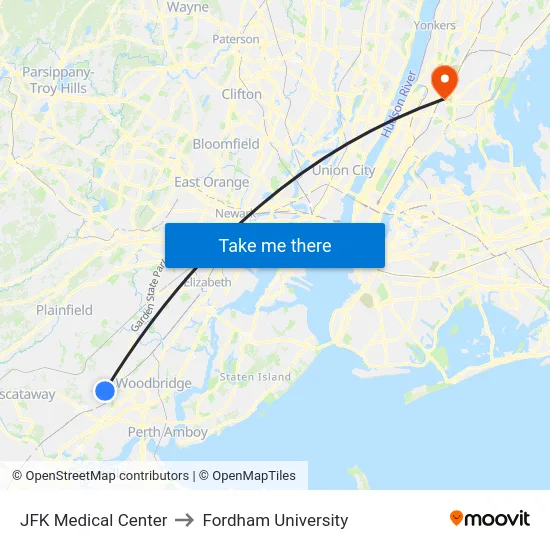 JFK Medical Center to Fordham University map