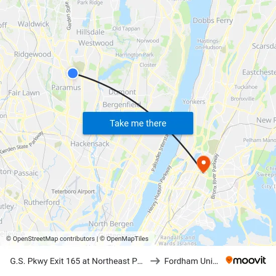 G.S. Pkwy Exit 165 at Northeast Park/Ride Lot to Fordham University map