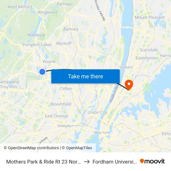 Mothers Park & Ride Rt 23 North to Fordham University map