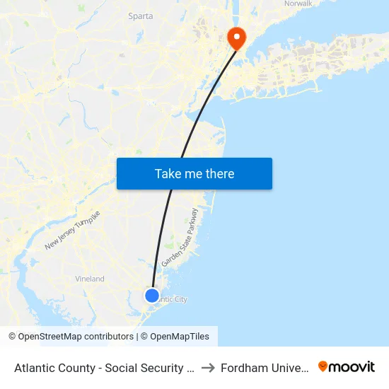 Atlantic County - Social Security Office to Fordham University map