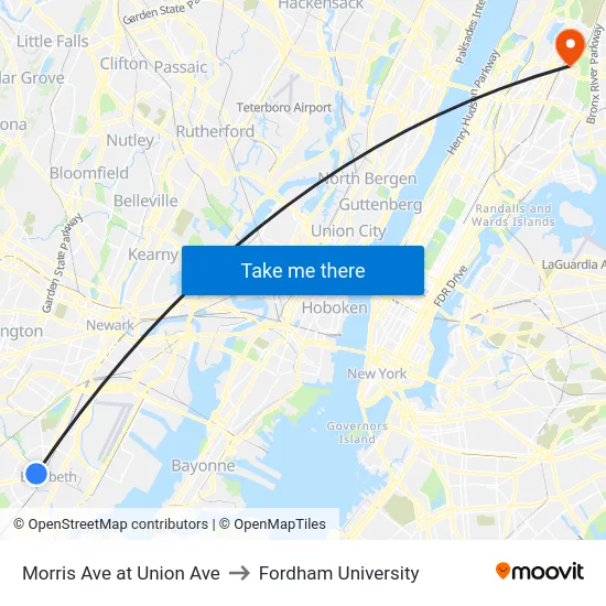 Morris Ave at Union Ave to Fordham University map