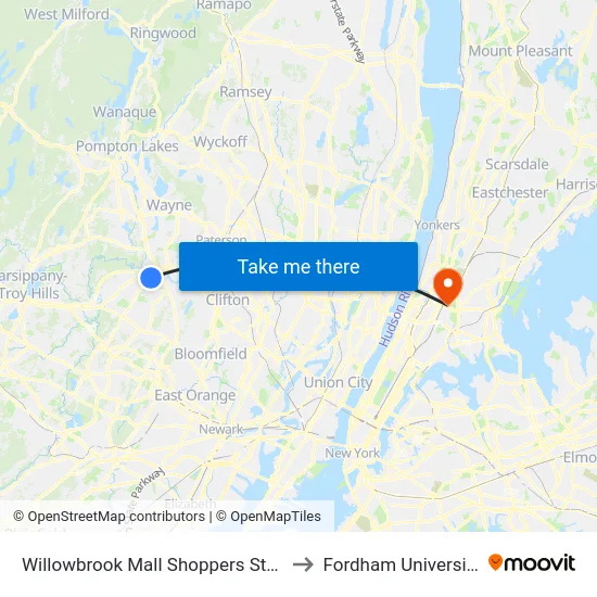 Willowbrook Mall Shoppers Stop to Fordham University map