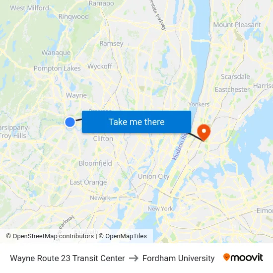 Wayne Route 23 Transit Center to Fordham University map