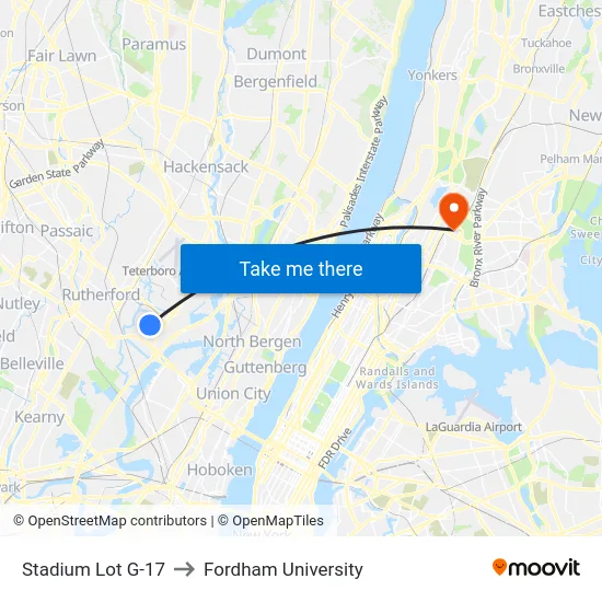 Stadium Lot G-17 to Fordham University map