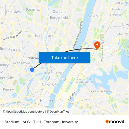 Stadium Lot G-17 to Fordham University map