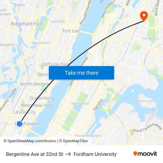 Bergenline Ave at 32nd St to Fordham University map