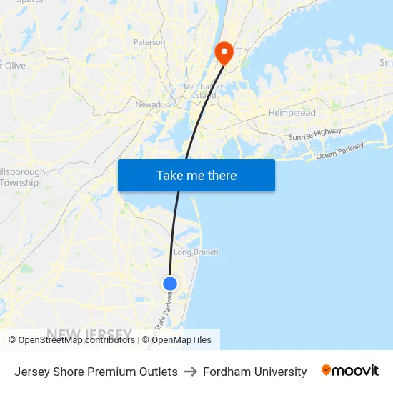 Jersey Shore Premium Outlets to Fordham University map