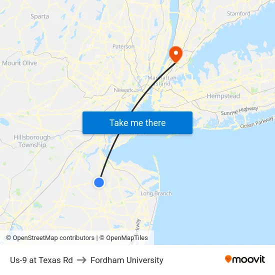 Us-9 at Texas Rd to Fordham University map