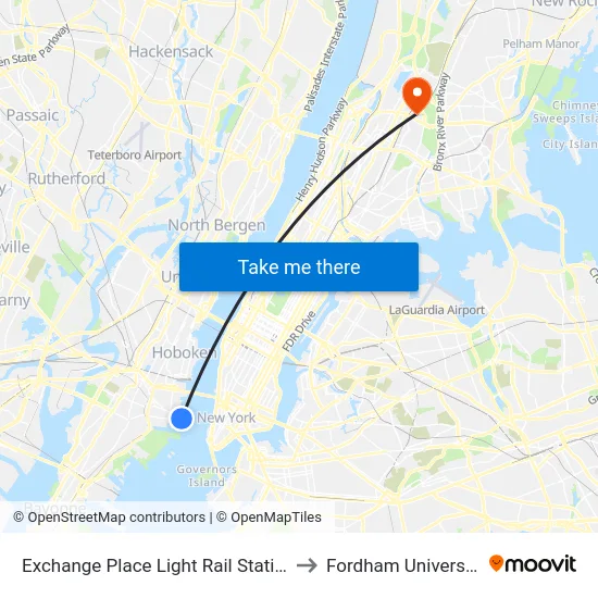 Exchange Place Light Rail Station to Fordham University map