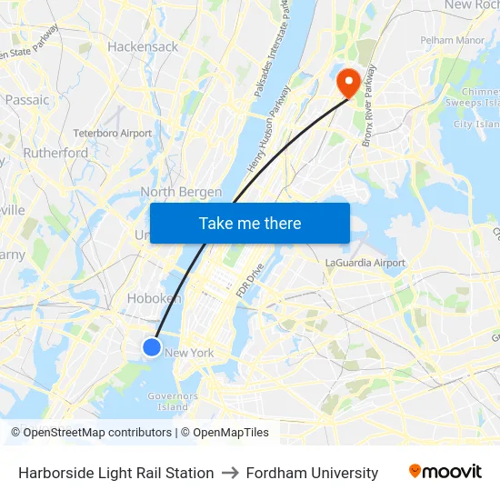 Harborside Light Rail Station to Fordham University map
