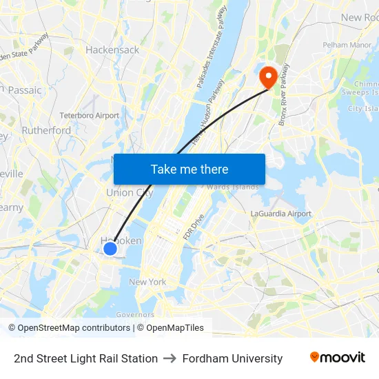 2nd Street Light Rail Station to Fordham University map