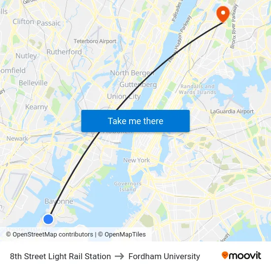 8th Street Light Rail Station to Fordham University map