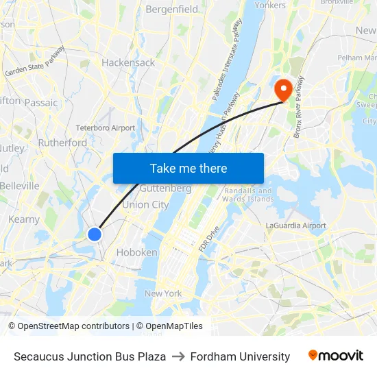 Secaucus Junction Bus Plaza to Fordham University map