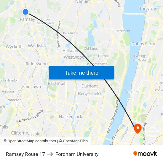 Ramsey Route 17 to Fordham University map