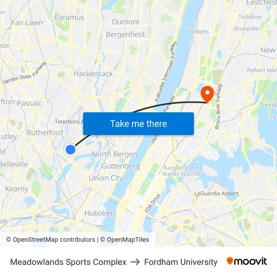 Meadowlands Sports Complex to Fordham University map
