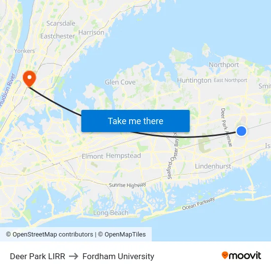Deer Park LIRR to Fordham University map