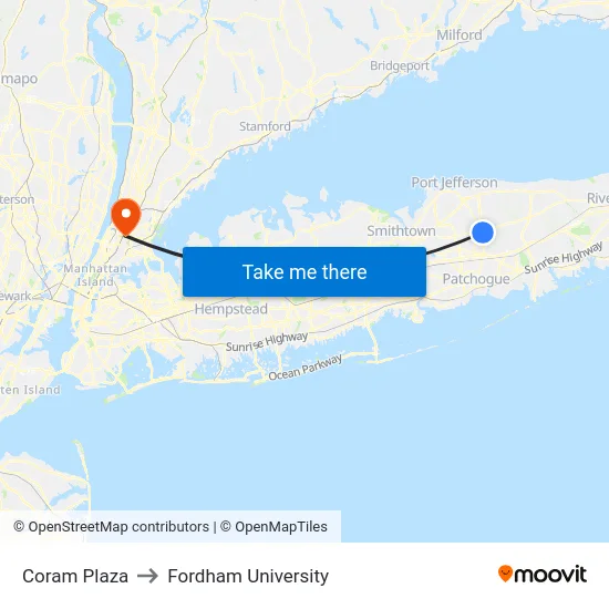 Coram Plaza to Fordham University map