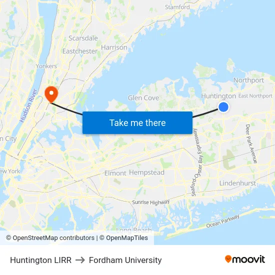 Huntington LIRR to Fordham University map