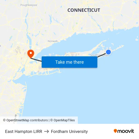 East Hampton LIRR to Fordham University map