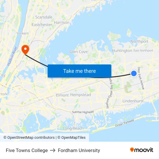 Five Towns College to Fordham University map