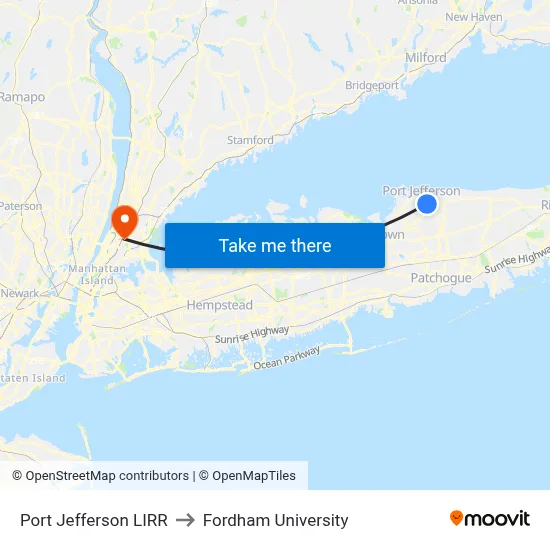 Port Jefferson LIRR to Fordham University map