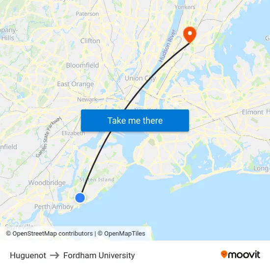 Huguenot to Fordham University map