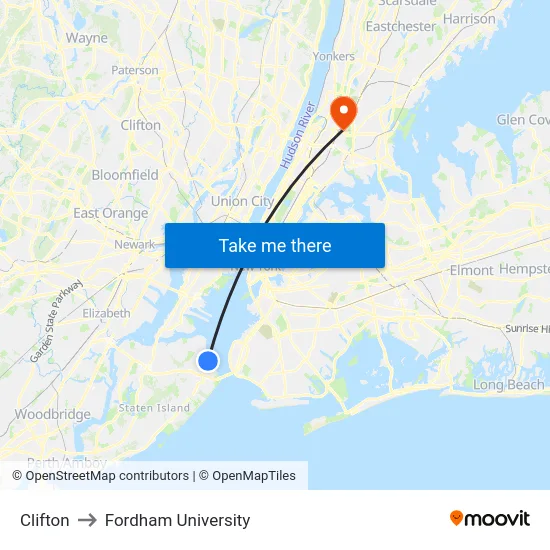 Clifton to Fordham University map