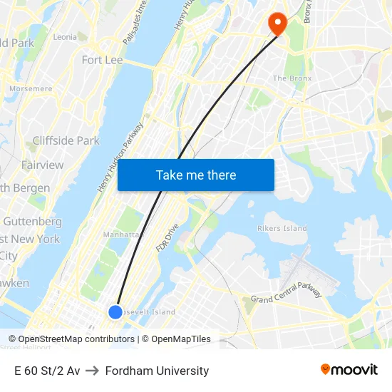 E 60 St/2 Av to Fordham University map