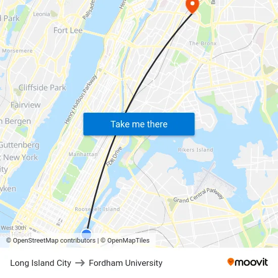 Long Island City to Fordham University map