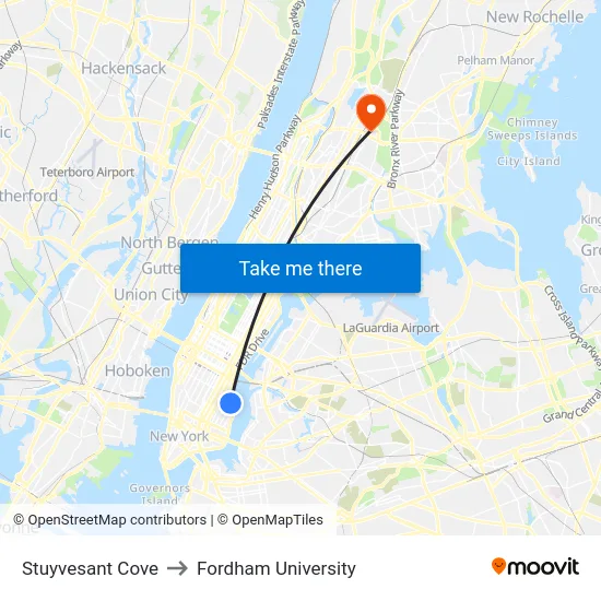 Stuyvesant Cove to Fordham University map