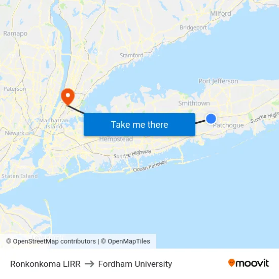 Ronkonkoma LIRR to Fordham University map