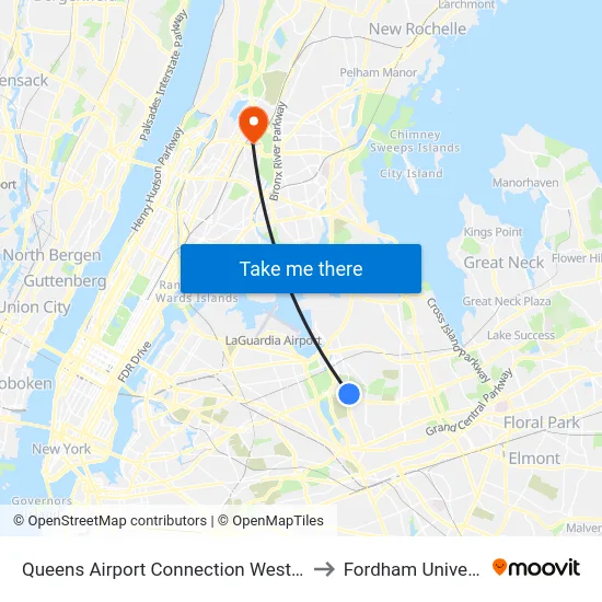 Queens Airport Connection Westbound to Fordham University map