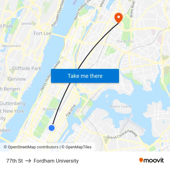 77th St to Fordham University map