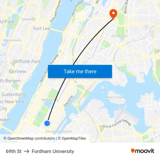 69th St to Fordham University map