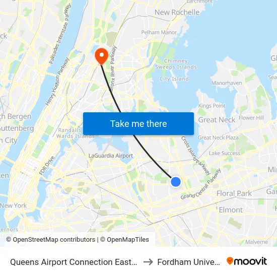 Queens Airport Connection Eastbound to Fordham University map