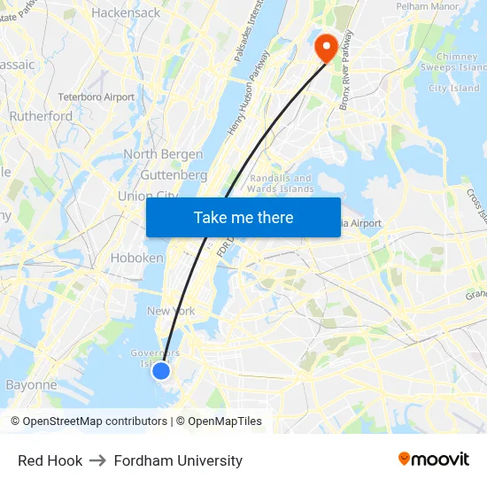 Red Hook to Fordham University map